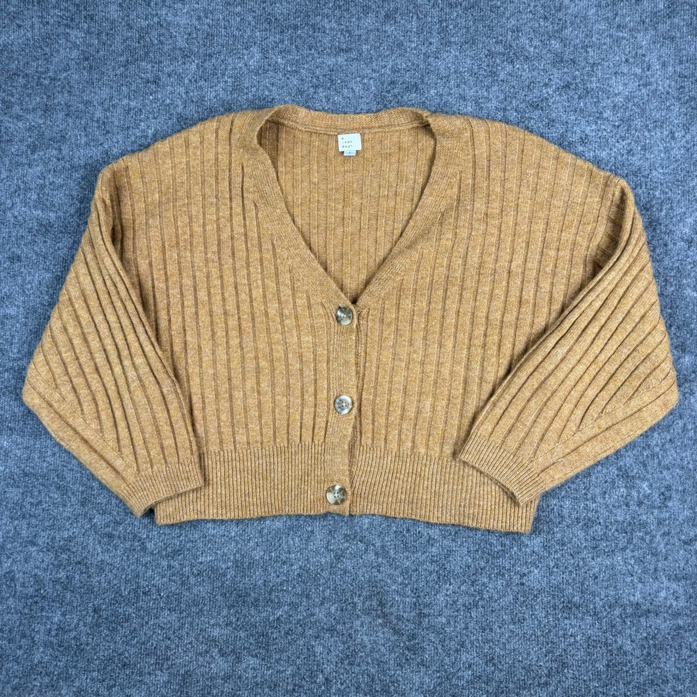 A New Day Cardigan Womens Size L Mustard Ribbed Knit Cropped V-Neck Button Up